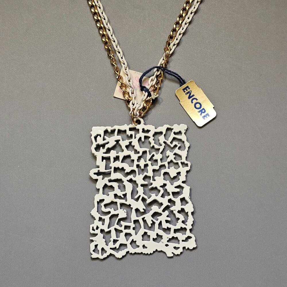 Encore White Enamel Filigree Pendant Necklace Rectangle Goldtone 21" NWT Vintage